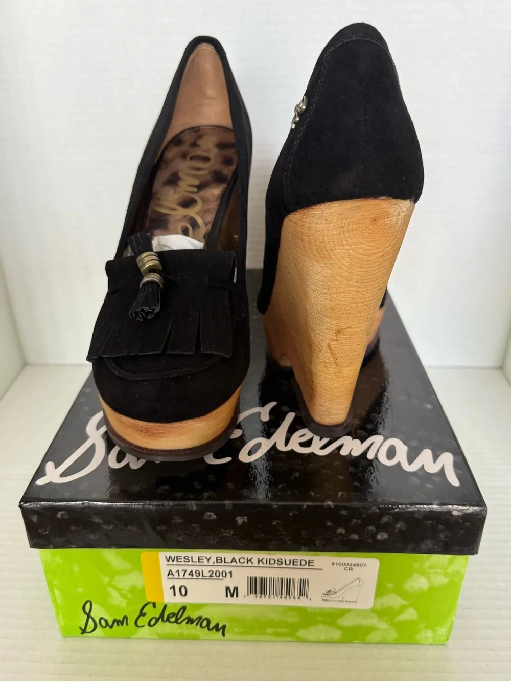Sam Edelman Black Suede Wedge Loafers with Tassel